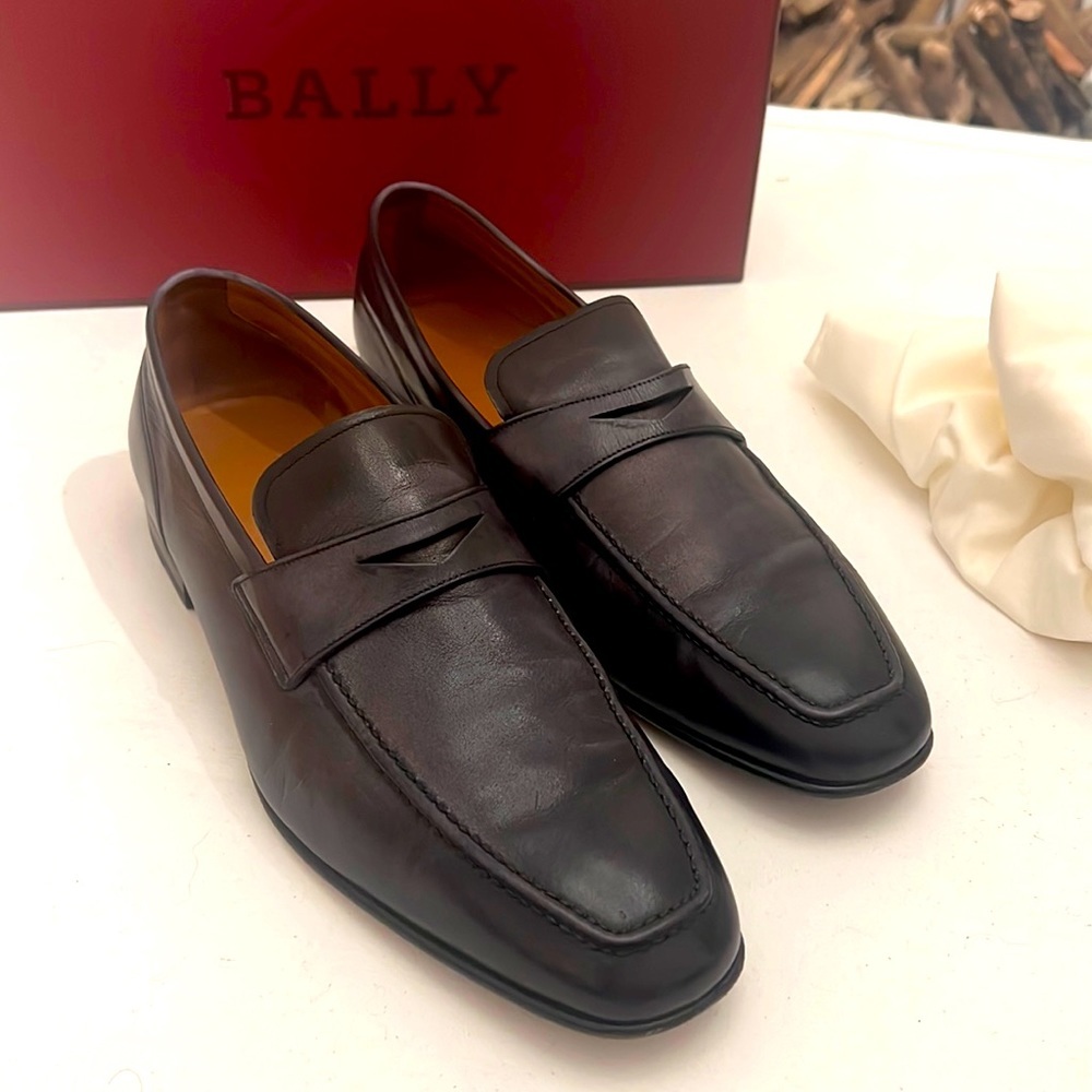 Bally Brent 60 Men’s Black Gray  Leather Penny Loafers US 9.5 Luxury Dress Shoes